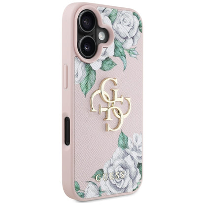 Étui pour Apple iPhone 16, Guess, 4G Grained Roses Big Logo, Rose