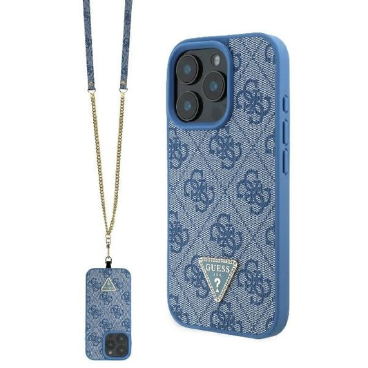 Hülle für Apple iPhone 16, Guess, Crossbody 4G Triangle Strass, Blau