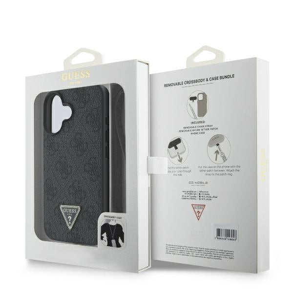 Hülle für Apple iPhone 16, Guess, Crossbody 4G Triangle Strass, Schwarz