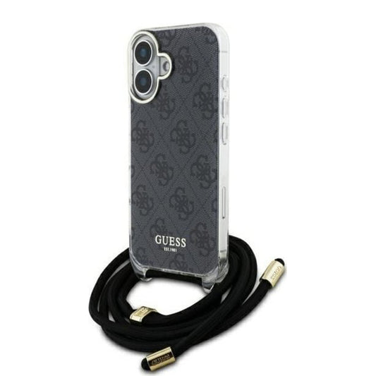 Hülle für Apple iPhone 16, Guess, Crossbody Cord 4G Print, Schwarz