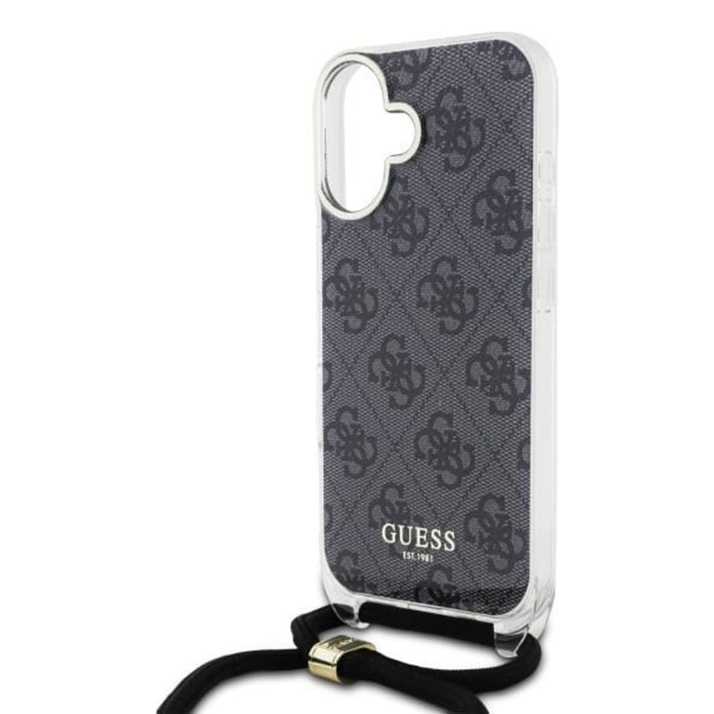 Case for Apple iPhone 16, Guess, Crossbody Cord 4G Print, Black