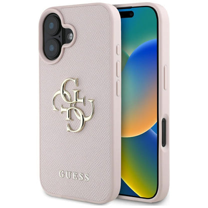 Étui pour Apple iPhone 16, Guess, Grained Big 4G Logo Small Classic Logo, Rose