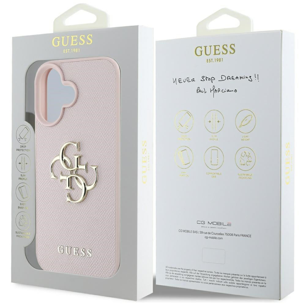 Étui pour Apple iPhone 16, Guess, Grained Big 4G Logo Small Classic Logo, Rose
