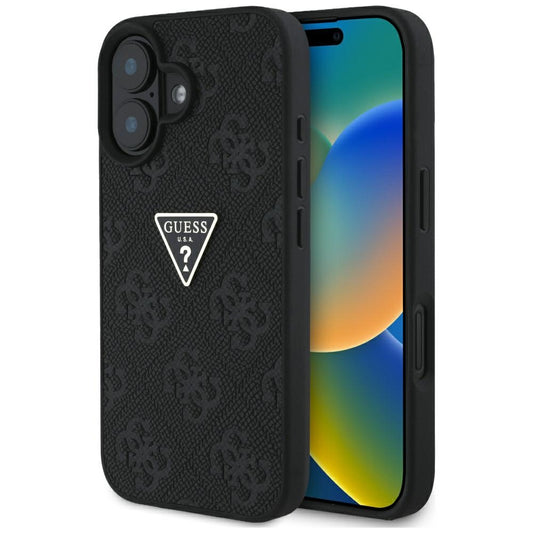 Étui pour Apple iPhone 16, Guess, Hot Stamp 4G Pattern Triangle Logo, Noir