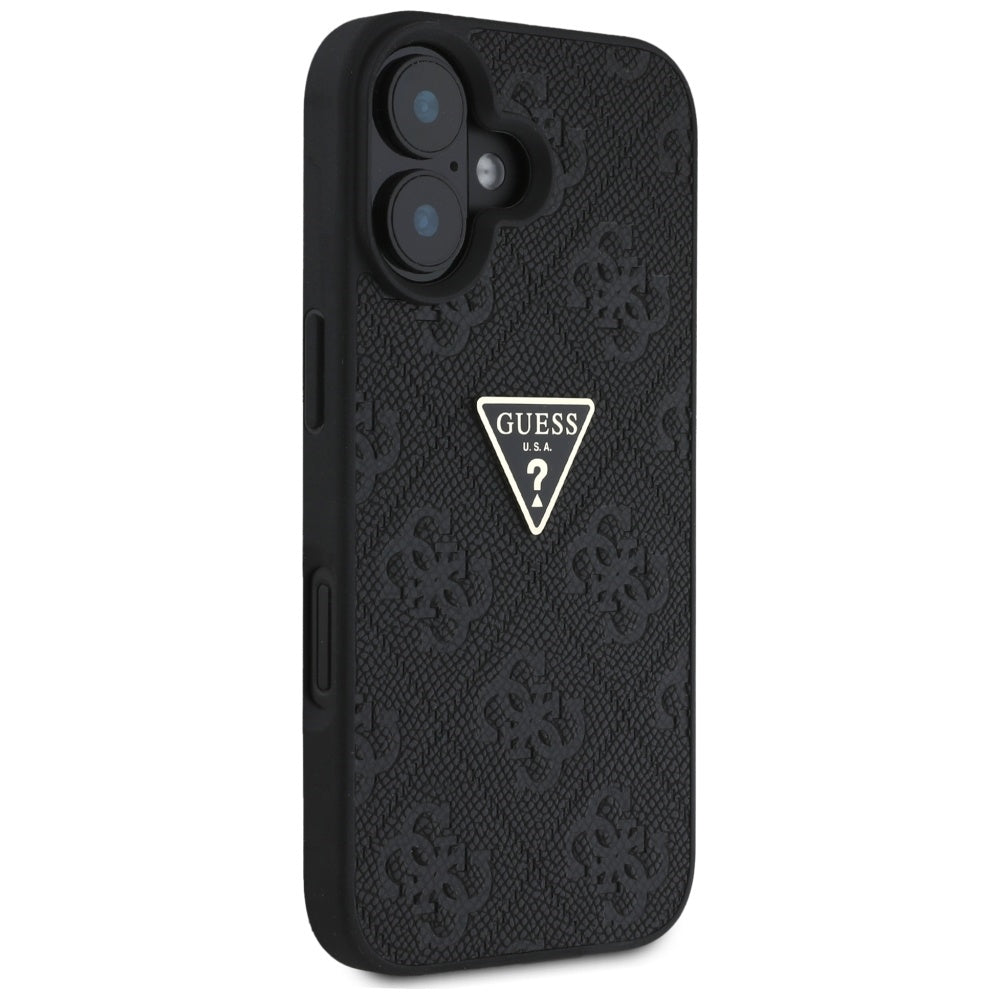 Hülle für Apple iPhone 16, Guess, Hot Stamp 4G Pattern Triangle Logo, Schwarz