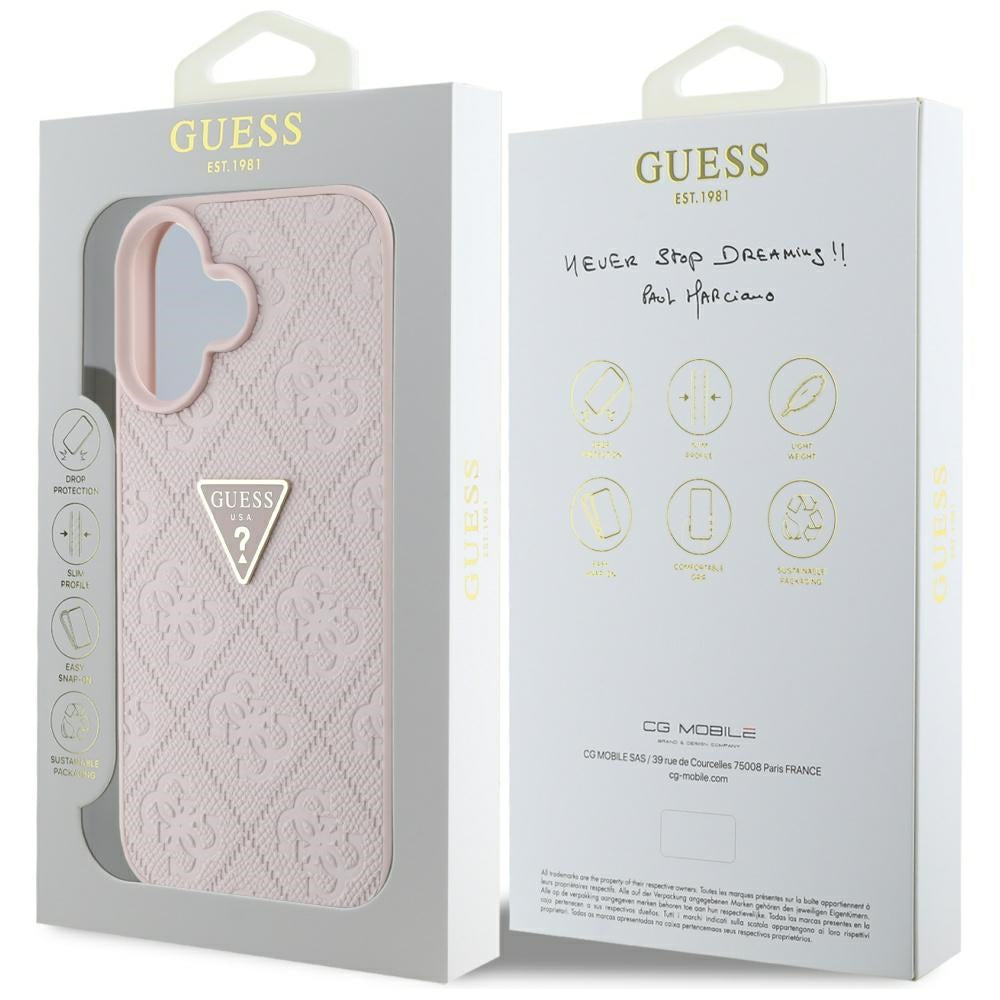 Hülle für Apple iPhone 16, Guess, Hot Stamp 4G Pattern Triangle Logo, Rosa