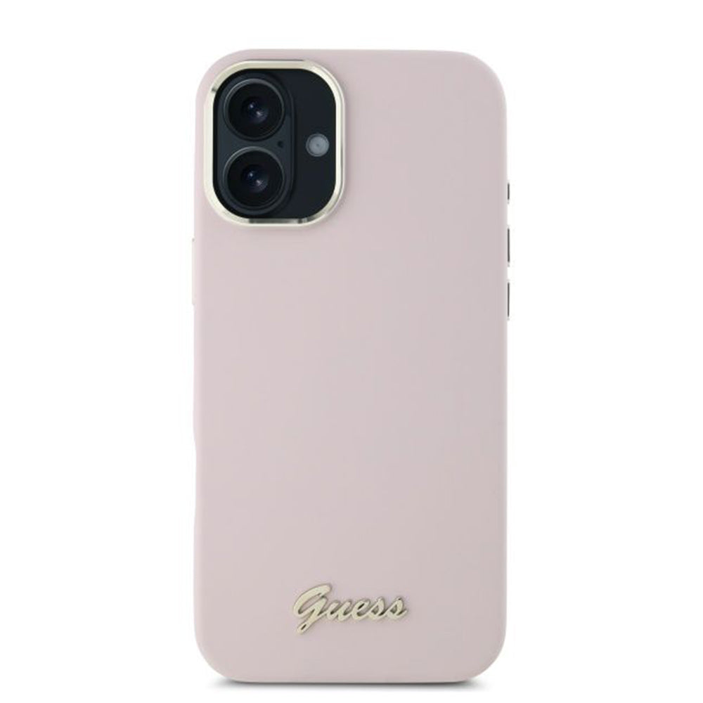 Étui pour Apple iPhone 16, Guess, Script Metal Logo & Frame, Rose