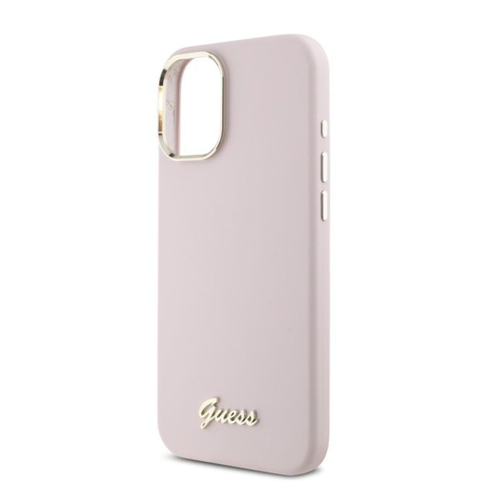 Étui pour Apple iPhone 16, Guess, Script Metal Logo & Frame, Rose