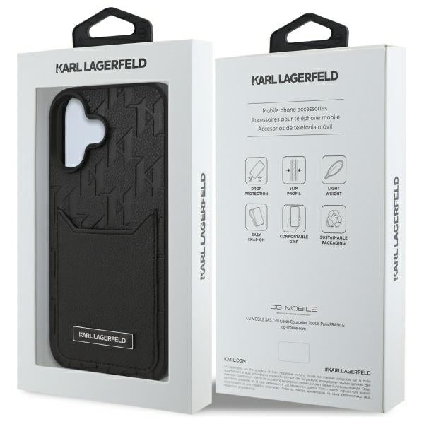 Étui pour Apple iPhone 16, Karl Lagerfeld, Monogramme avec emplacements pour cartes, Noir