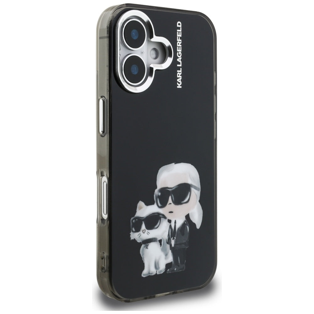Étui pour Apple iPhone 16, Karl Lagerfeld, IML Aquarelle Logo Karl & Choupette, Noir