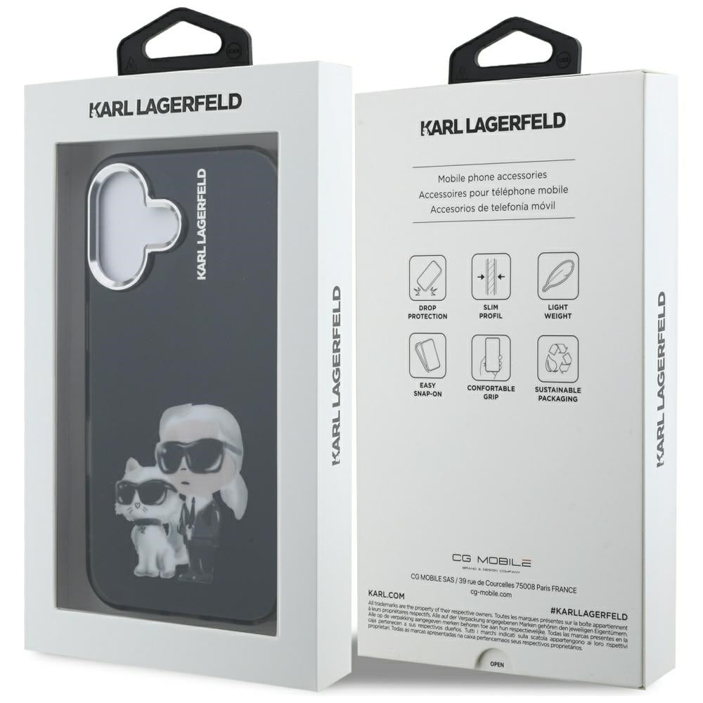 Étui pour Apple iPhone 16, Karl Lagerfeld, IML Aquarelle Logo Karl & Choupette, Noir