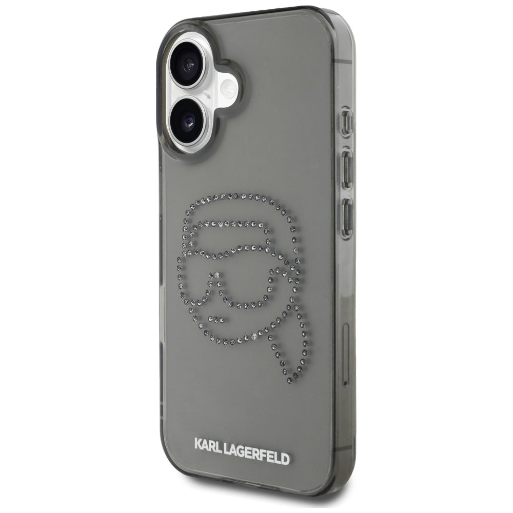 Étui pour Apple iPhone 16, Karl Lagerfeld, IML Rhinestones Karl's Head, Noir