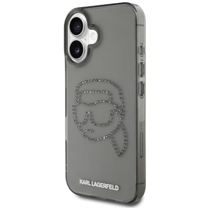 Étui pour Apple iPhone 16, Karl Lagerfeld, IML Rhinestones Karl's Head, Noir