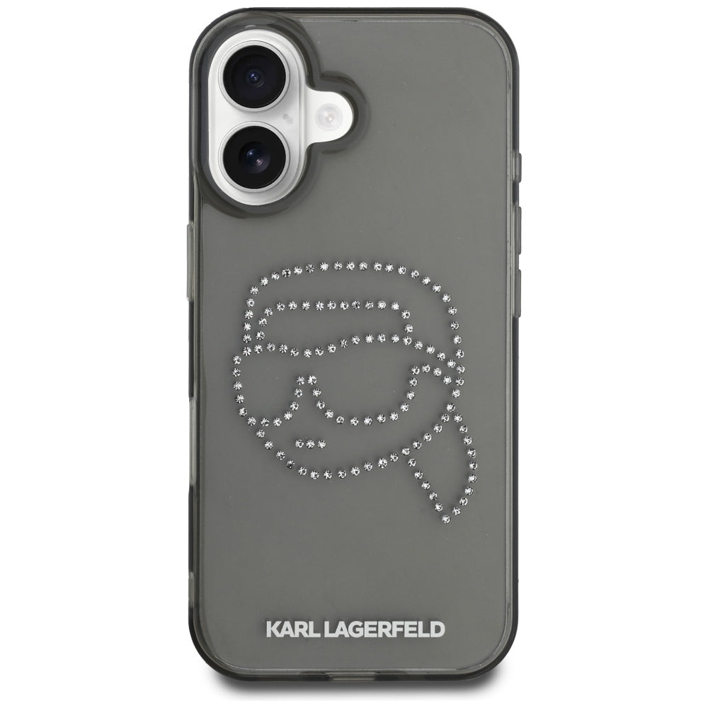 Étui pour Apple iPhone 16, Karl Lagerfeld, IML Rhinestones Karl's Head, Noir