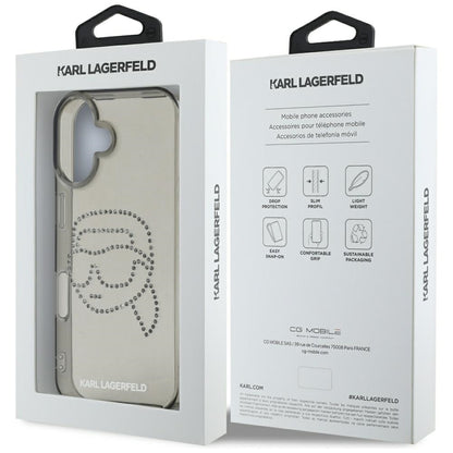 Étui pour Apple iPhone 16, Karl Lagerfeld, IML Rhinestones Karl's Head, Noir