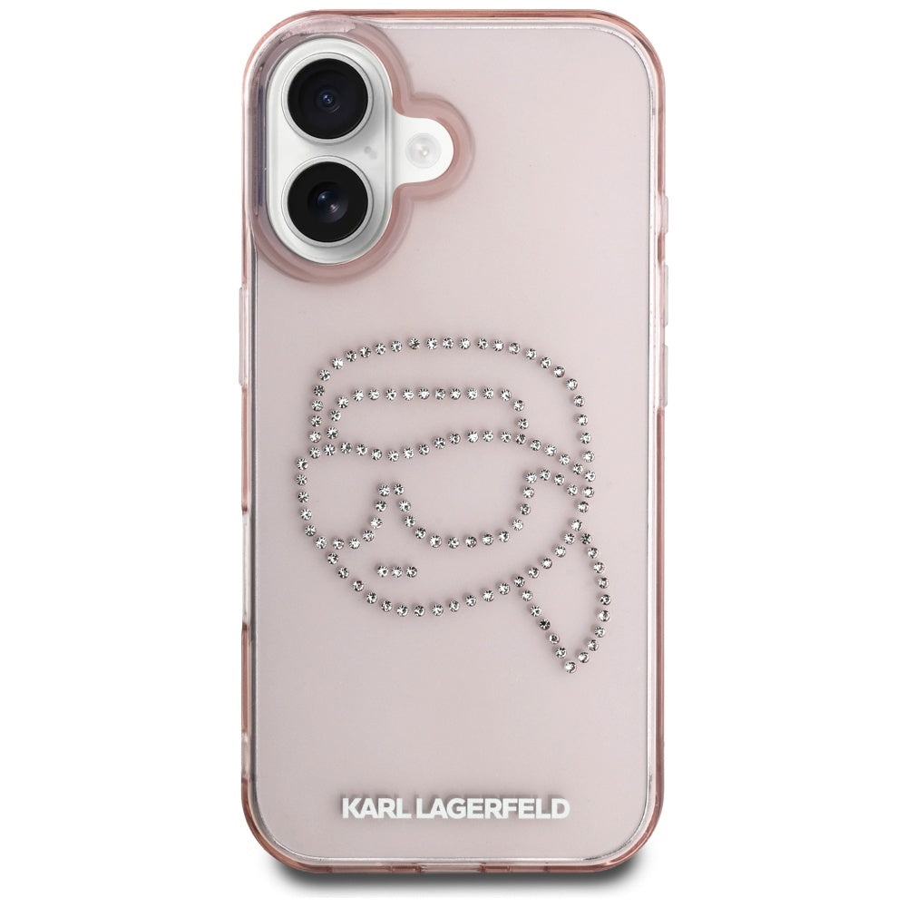 Étui pour Apple iPhone 16, Karl Lagerfeld, IML Rhinestones Karl's Head, Rose