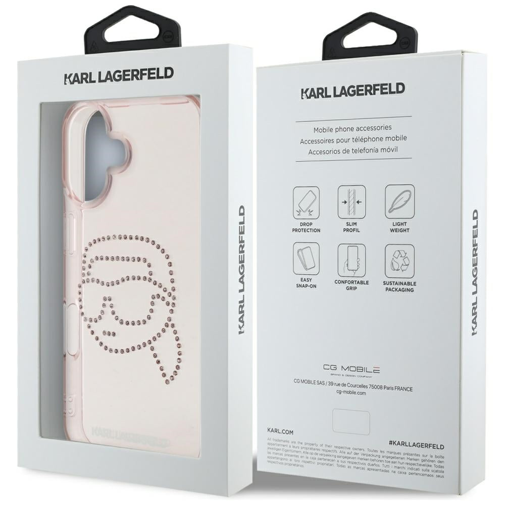 Étui pour Apple iPhone 16, Karl Lagerfeld, IML Rhinestones Karl's Head, Rose
