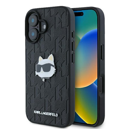 Étui pour Apple iPhone 16, Karl Lagerfeld, Monogramme Tête de Choupette, Noir