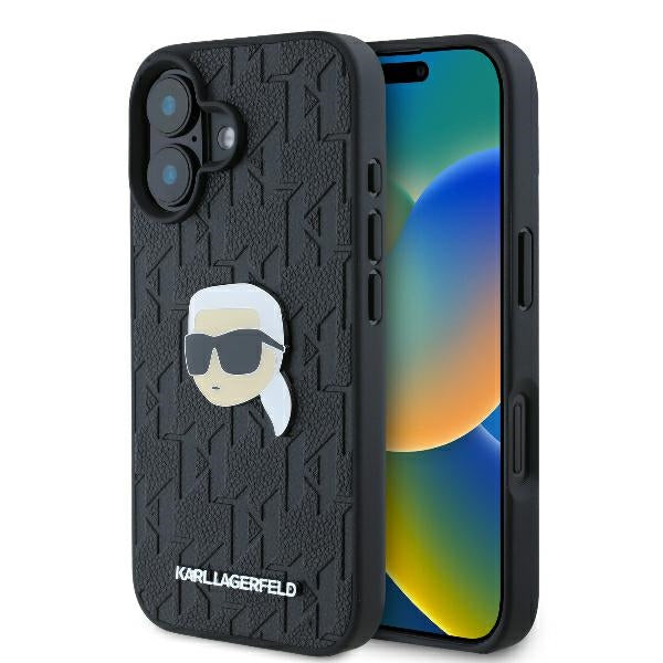 Étui pour Apple iPhone 16, Karl Lagerfeld, Monogramme Tête de Karl, Noir