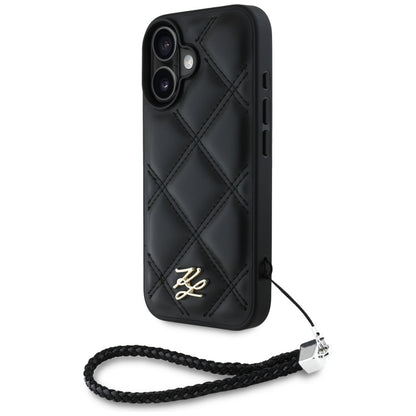 Étui pour Apple iPhone 16, Karl Lagerfeld, Logo Initial Matelassé & Bandoulière Chaîne, Noir