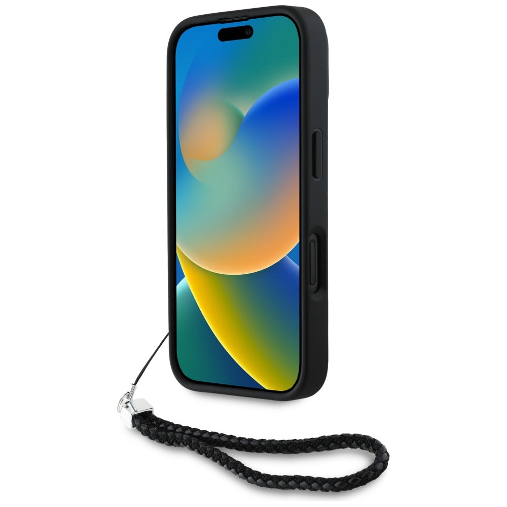 Étui pour Apple iPhone 16, Karl Lagerfeld, Logo Initial Matelassé & Bandoulière Chaîne, Noir