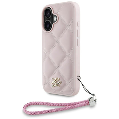 Housse pour Apple iPhone 16, Karl Lagerfeld, Logo Initial Matelassé & Bandoulière Chaîne, Rose