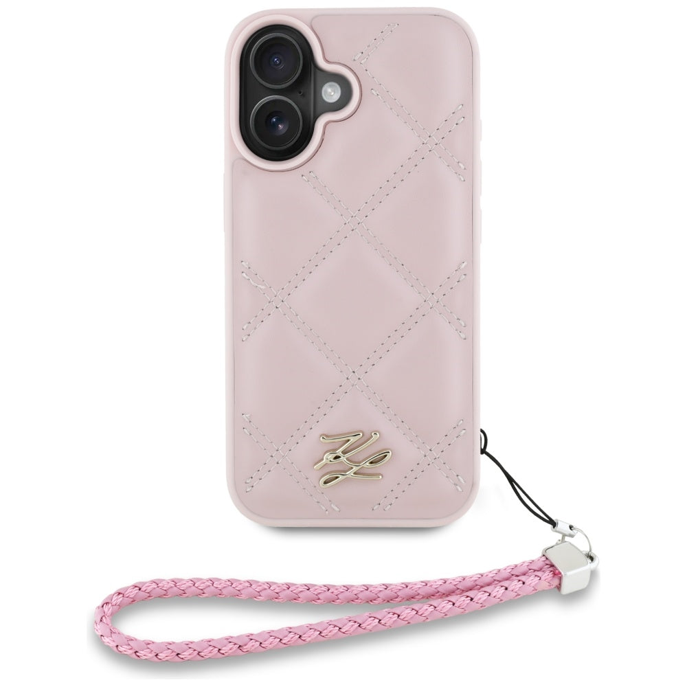 Housse pour Apple iPhone 16, Karl Lagerfeld, Logo Initial Matelassé & Bandoulière Chaîne, Rose