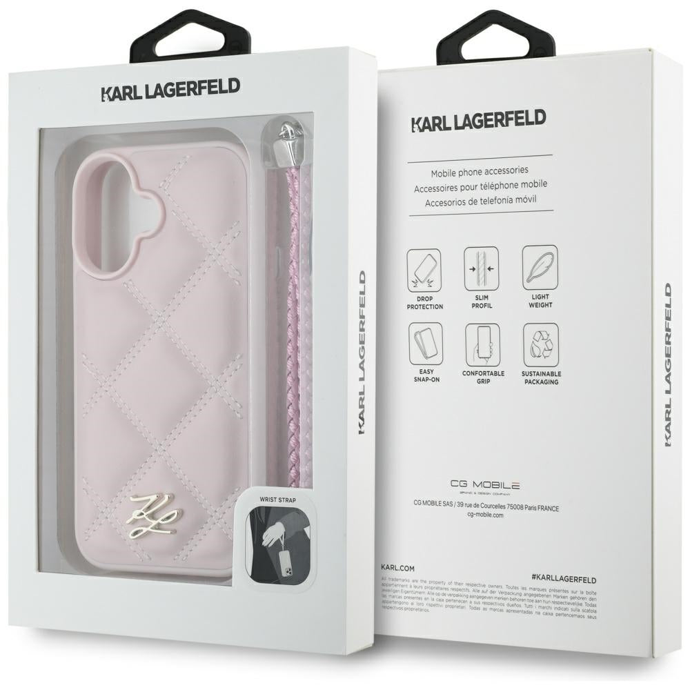 Housse pour Apple iPhone 16, Karl Lagerfeld, Logo Initial Matelassé & Bandoulière Chaîne, Rose