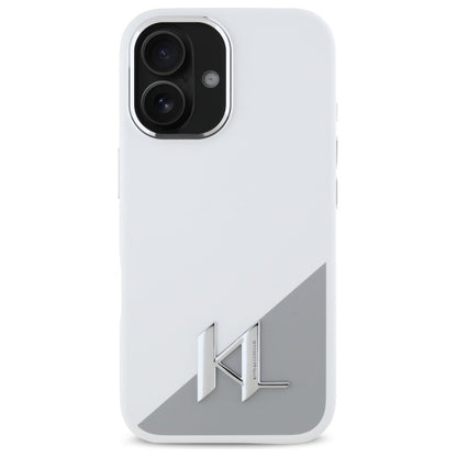Étui pour Apple iPhone 16, Karl Lagerfeld, Silicone White Shadow Metal Initial, Blanc