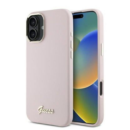 Étui pour Apple iPhone 16 Plus, Guess, Script Metal Logo & Frame, Rose
