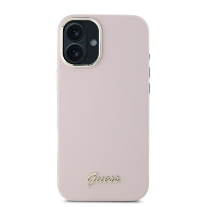 Étui pour Apple iPhone 16 Plus, Guess, Script Metal Logo & Frame, Rose
