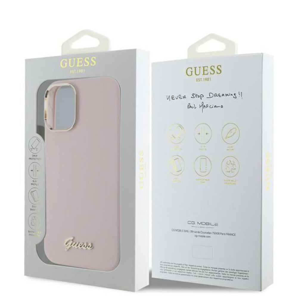 Étui pour Apple iPhone 16 Plus, Guess, Script Metal Logo & Frame, Rose