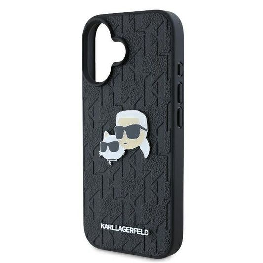 Étui pour Apple iPhone 16 Plus, Karl Lagerfeld, Monogramme Karl & Têtes de Choupette, Noir
