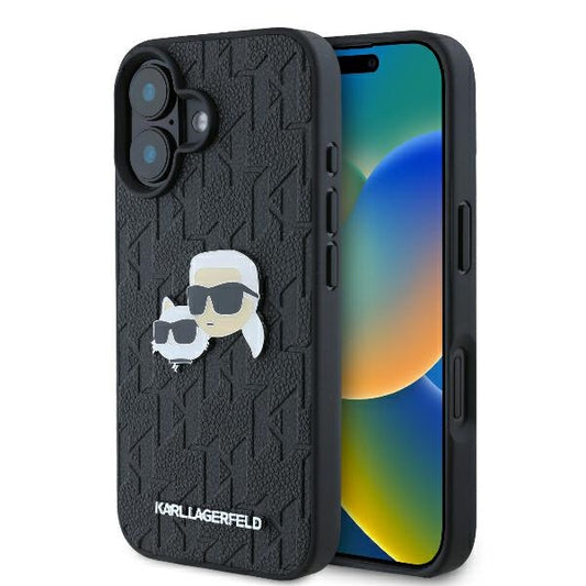 Étui pour Apple iPhone 16 Plus, Karl Lagerfeld, Monogramme Karl & Têtes de Choupette, Noir