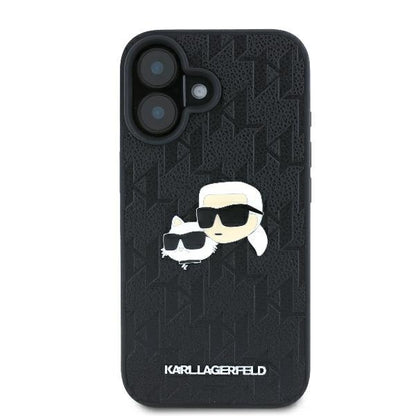 Hülle für Apple iPhone 16 Plus, Karl Lagerfeld, Monogramm Karl & Choupette's Köpfe, Schwarz
