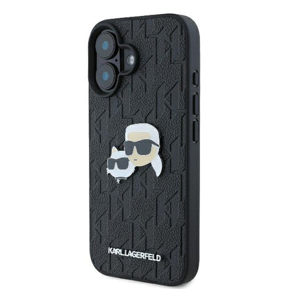 Hülle für Apple iPhone 16 Plus, Karl Lagerfeld, Monogramm Karl & Choupette's Köpfe, Schwarz