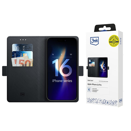 Coque pour Apple iPhone 16 Pro, 3MK, Portefeuille, Noire