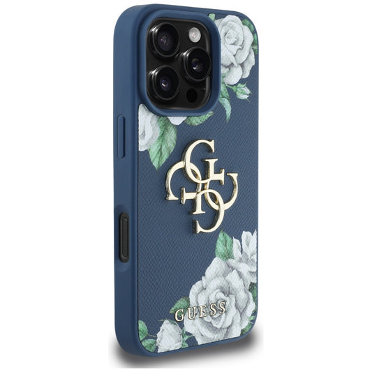 Étui pour Apple iPhone 16 Pro, Guess, 4G Grained Roses Big Logo, Bleu