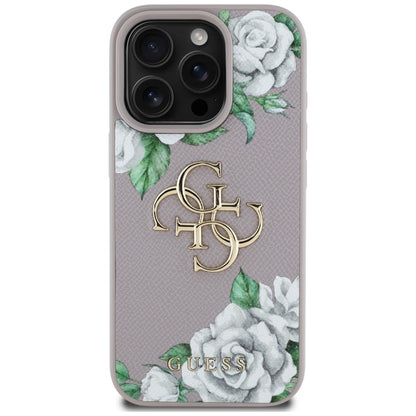 Hülle für Apple iPhone 16 Pro, Guess, 4G Grained Roses Big Logo, Lila