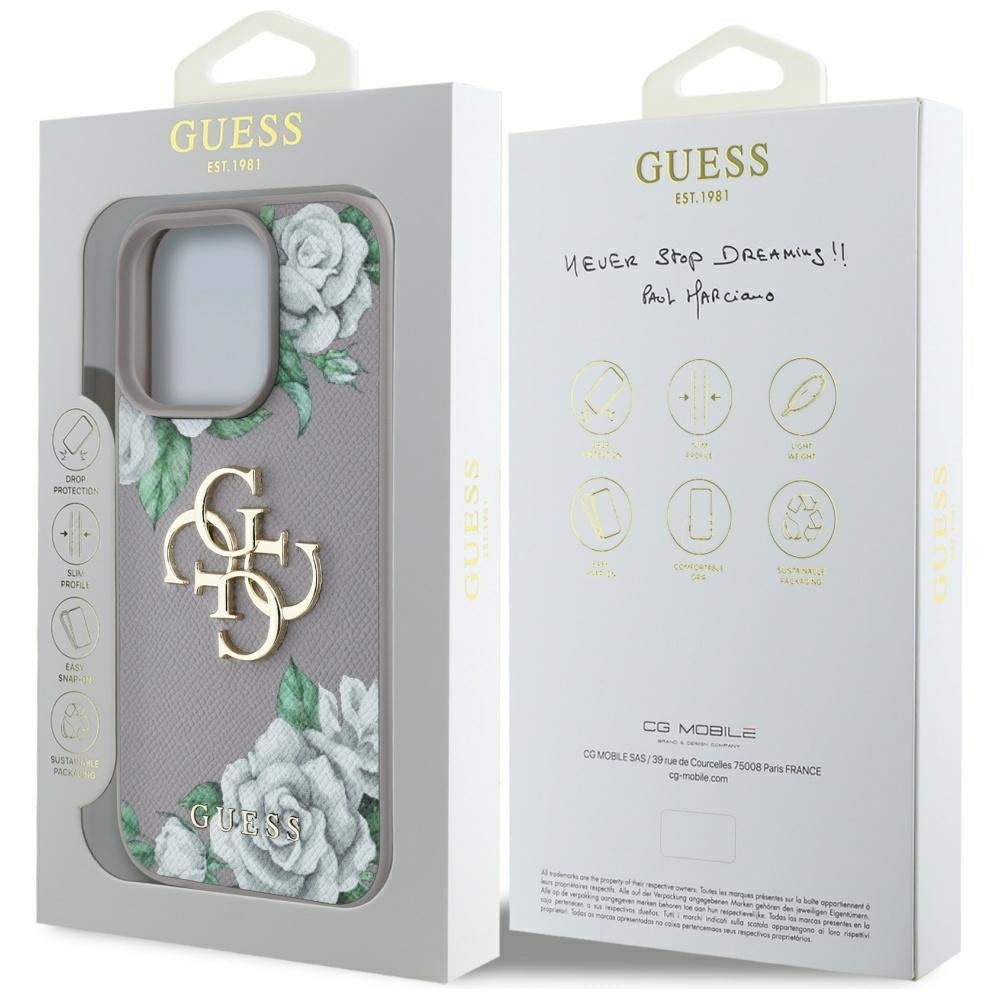 Hülle für Apple iPhone 16 Pro, Guess, 4G Grained Roses Big Logo, Lila