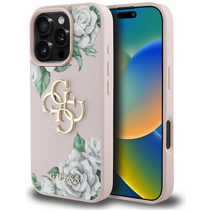 Étui pour Apple iPhone 16 Pro, Guess, 4G Grained Roses Big Logo, Rose