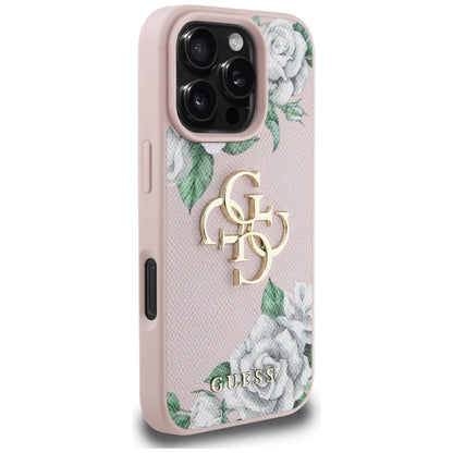 Étui pour Apple iPhone 16 Pro, Guess, 4G Grained Roses Big Logo, Rose