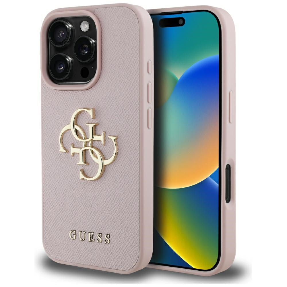 Étui pour Apple iPhone 16 Pro, Guess, Grained Big 4G Logo Small Classic Logo, Rose