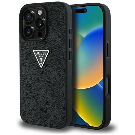 Étui pour Apple iPhone 16 Pro, Guess, Hot Stamp 4G Pattern Triangle Logo, Noir