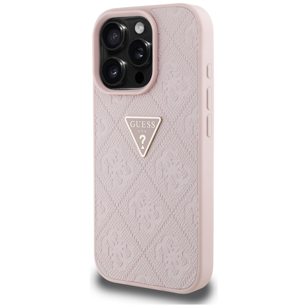 Étui pour Apple iPhone 16 Pro, Guess, Hot Stamp 4G Pattern Triangle Logo, Rose.
