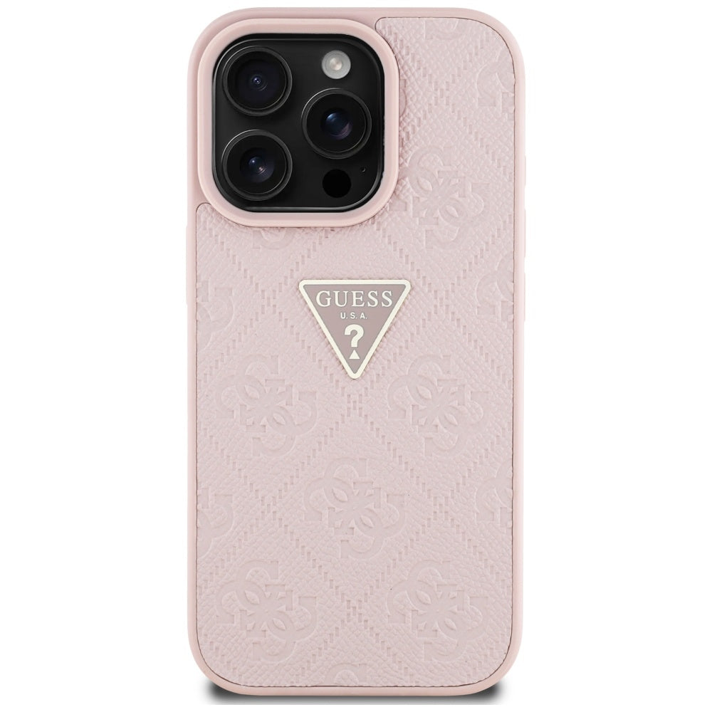 Étui pour Apple iPhone 16 Pro, Guess, Hot Stamp 4G Pattern Triangle Logo, Rose.
