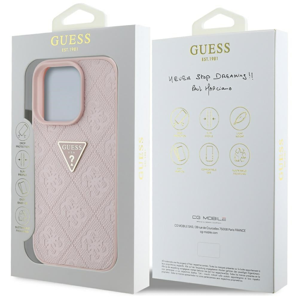 Étui pour Apple iPhone 16 Pro, Guess, Hot Stamp 4G Pattern Triangle Logo, Rose.