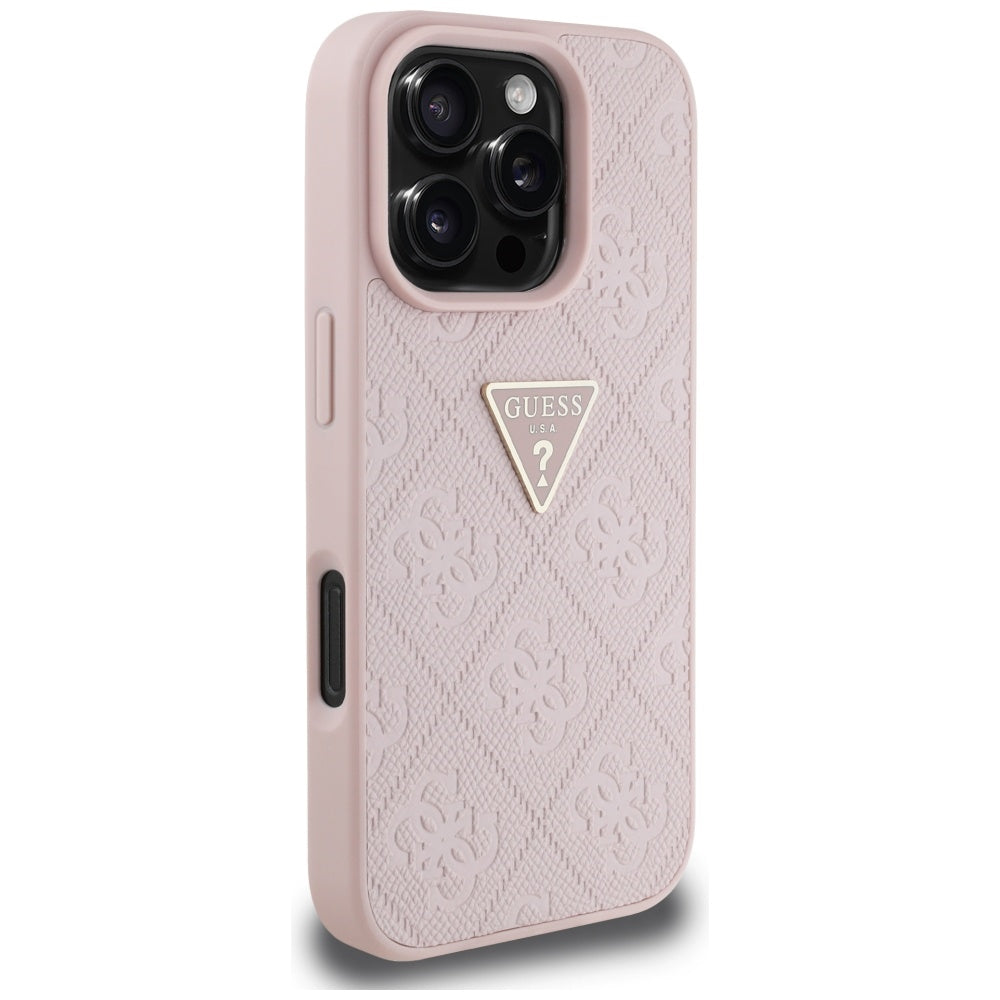 Étui pour Apple iPhone 16 Pro, Guess, Hot Stamp 4G Pattern Triangle Logo, Rose.