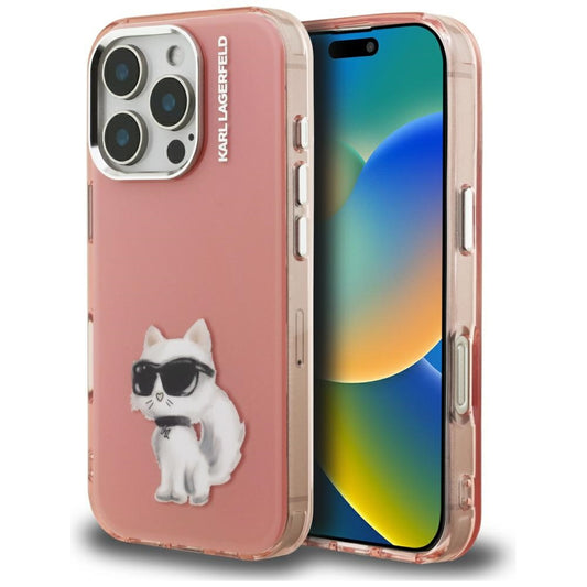 Étui pour Apple iPhone 16 Pro, Karl Lagerfeld, IML Aquarelle Logo Choupette, Rose