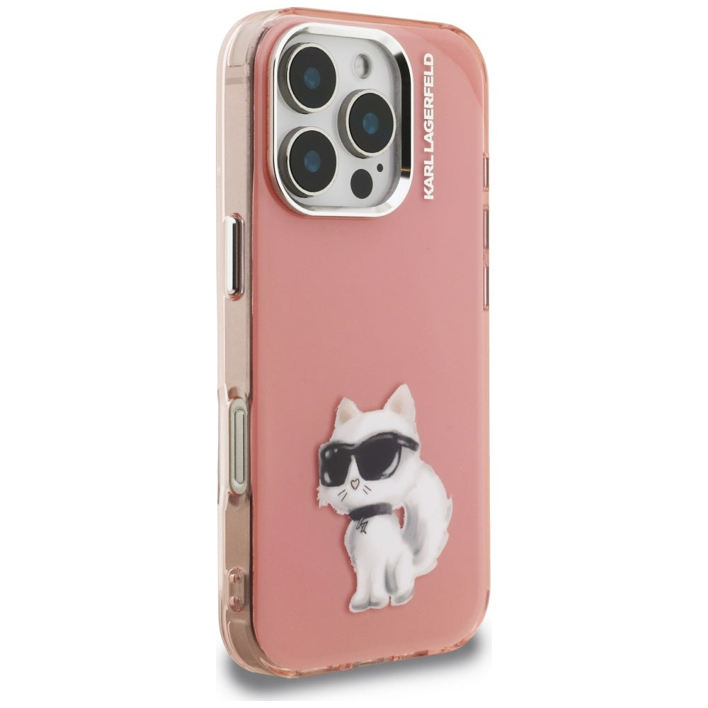 Hülle für Apple iPhone 16 Pro, Karl Lagerfeld, IML Aquarelle Logo Choupette, Rosa